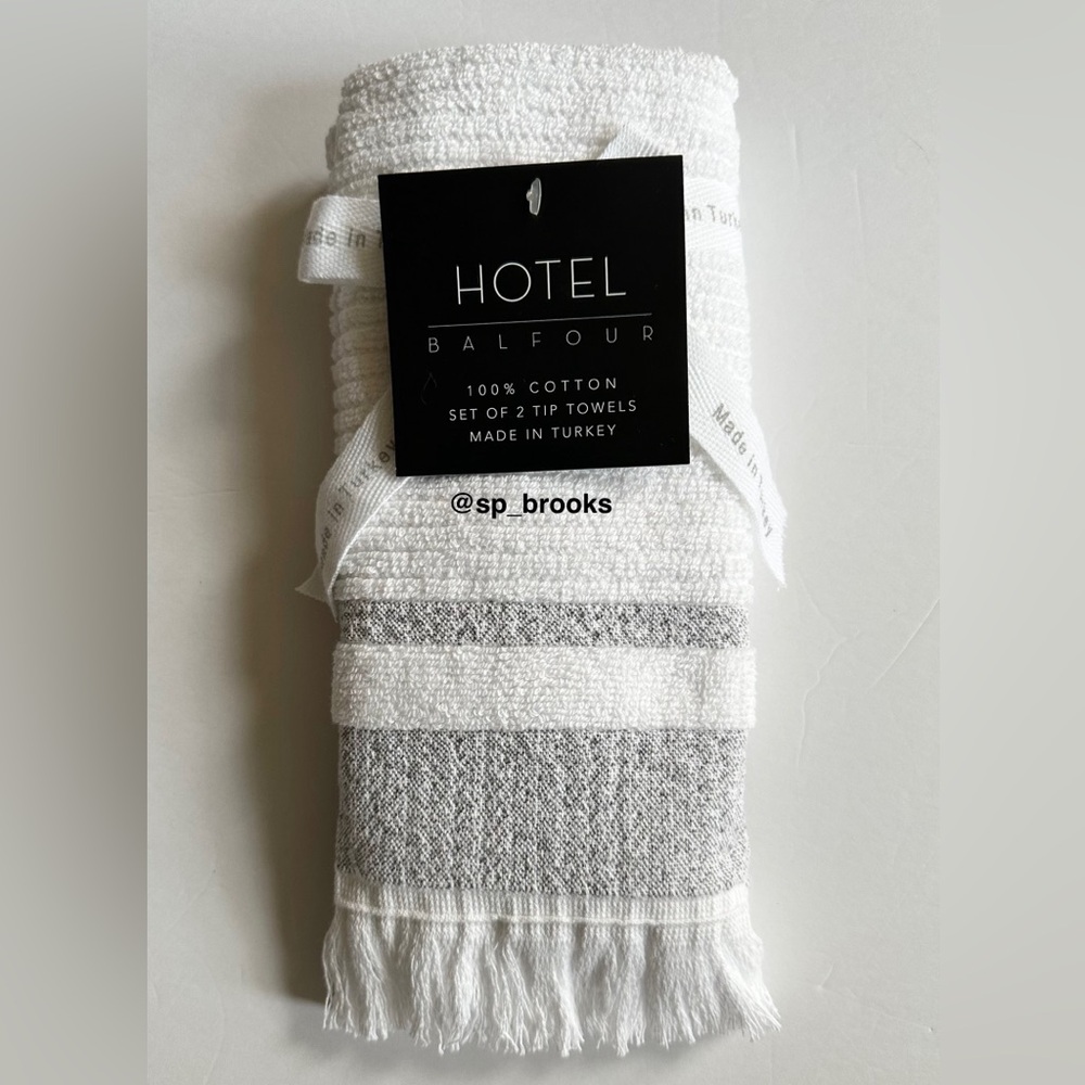 🎁2PC Hotel Balfour Tip Towel Set - 100% Turkish Cotton - White & Heather Gray